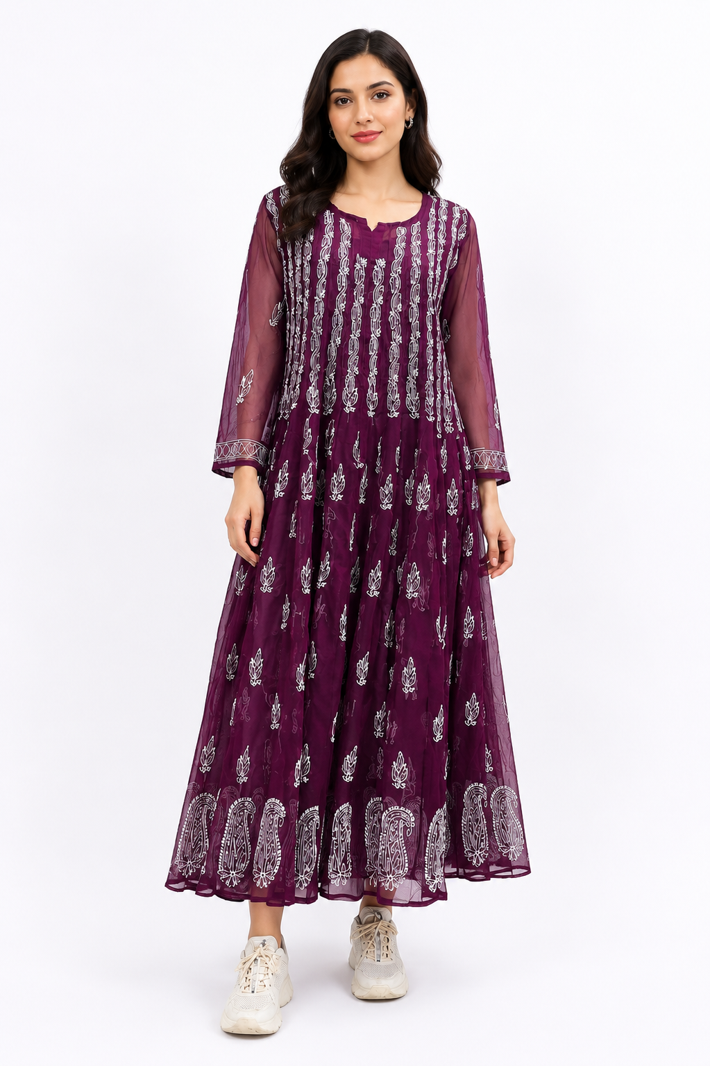 Clothe Crave Women's Wine Chikankari Embroidered Anarkali Gown