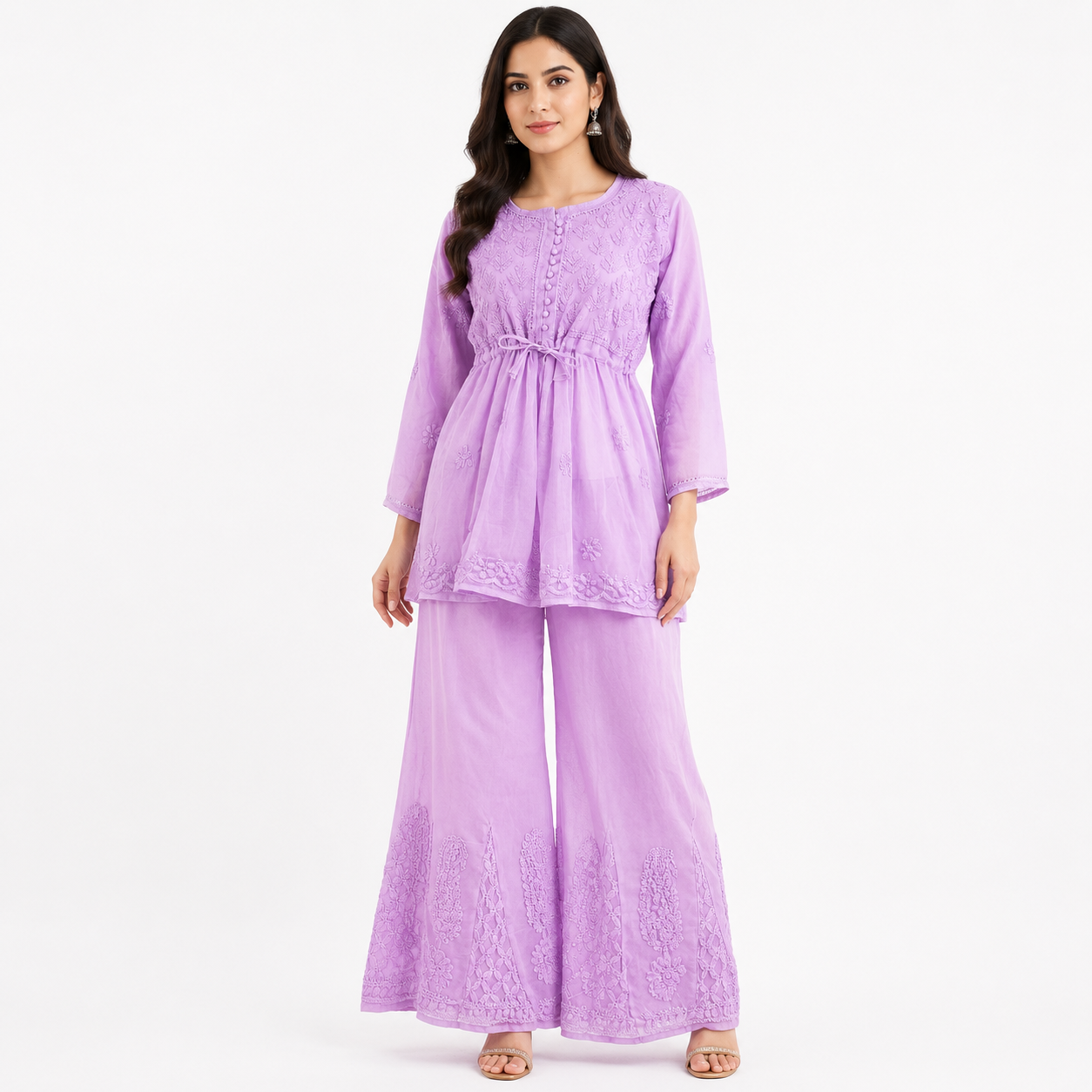 Clothe Crave Women’s Lilac Georgette Chikankari Embroidered Peplum Tunic Set with Sharara – Elegant Ethnic Co-Ord Wear for Women