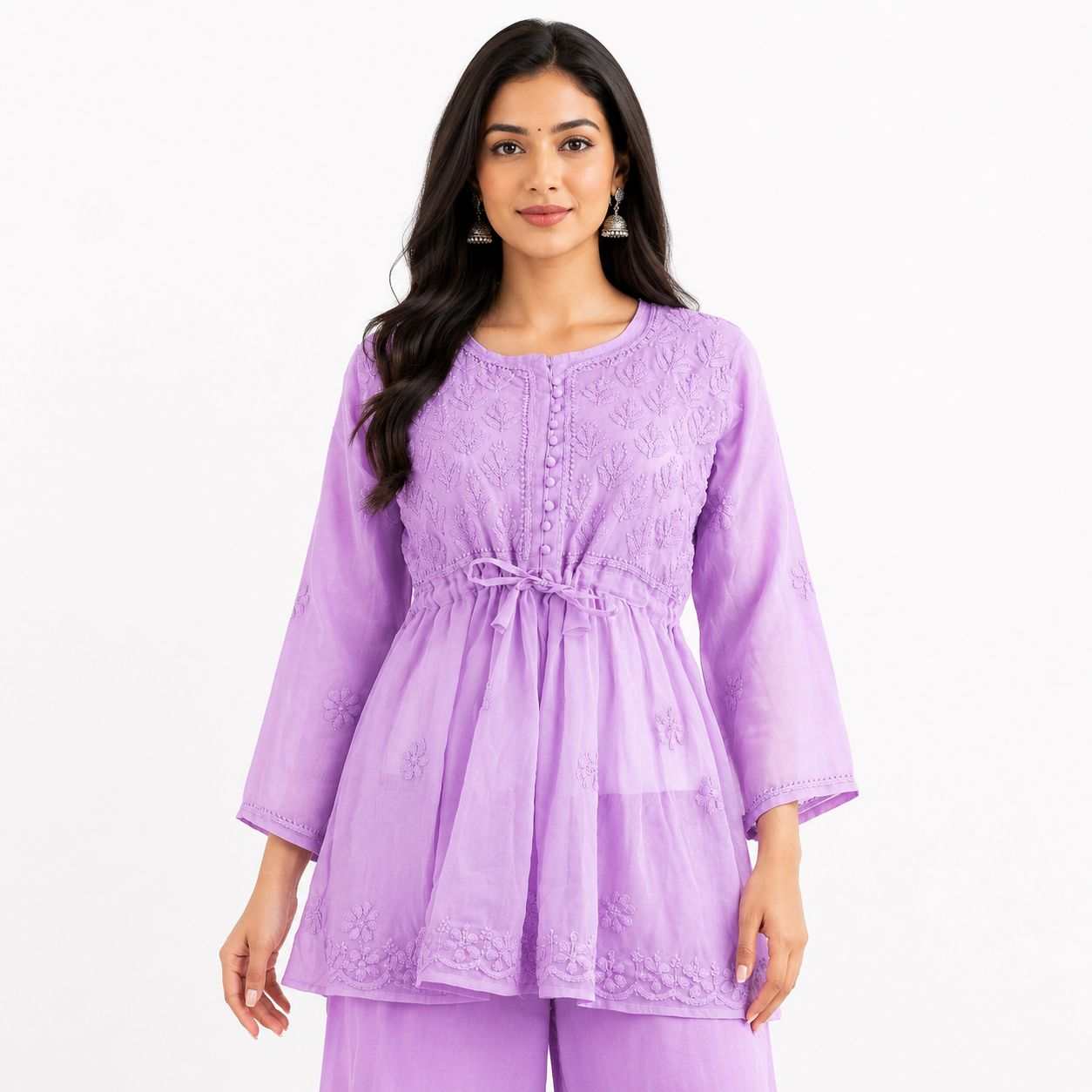 Clothe Crave Women’s Lilac Georgette Chikankari Embroidered Peplum Tunic Set with Sharara – Elegant Ethnic Co-Ord Wear for Women