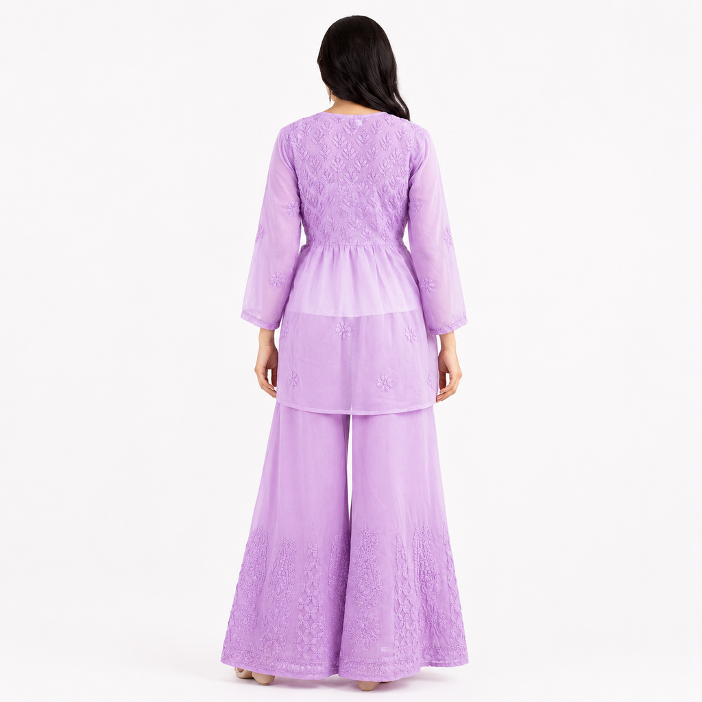 Clothe Crave Women’s Lilac Georgette Chikankari Embroidered Peplum Tunic Set with Sharara – Elegant Ethnic Co-Ord Wear for Women