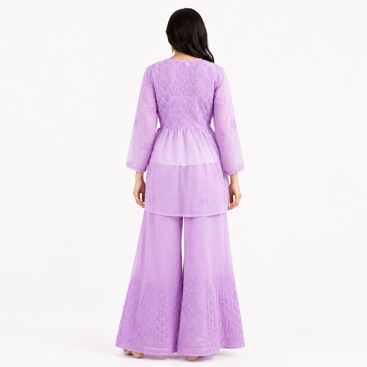 Clothe Crave Women’s Lilac Georgette Chikankari Embroidered Peplum Tunic Set with Sharara – Elegant Ethnic Co-Ord Wear for Women