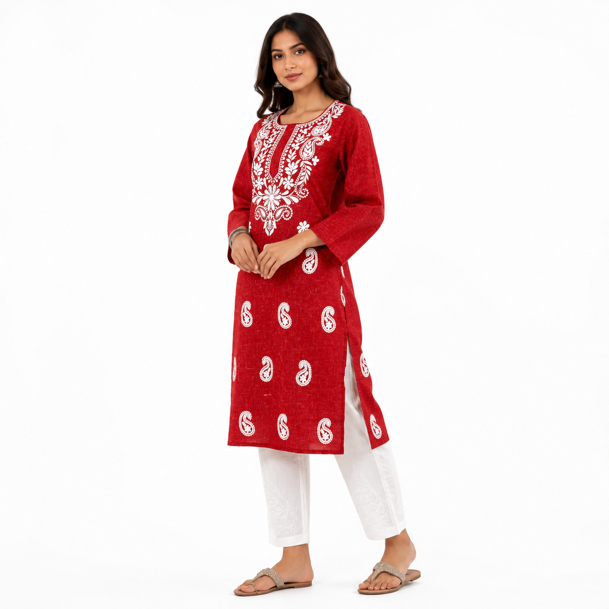 Clothe Crave Women's Red Embroidered Cotton Kurti