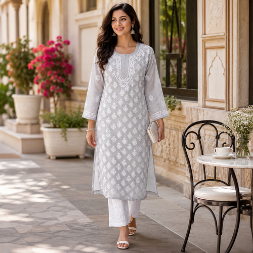 Clothe Crave Grey Chikankari Kurta for Women Online | Hand Embroidered Ethnic Wear