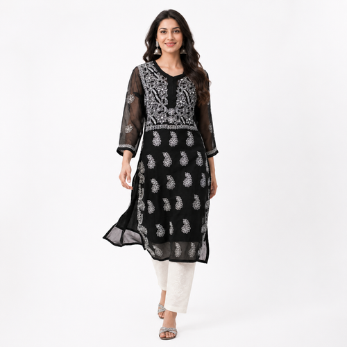 Clothe Crave Black Chikankari Embroidered Kurta for Women Online | Handwork Ethnic Wear