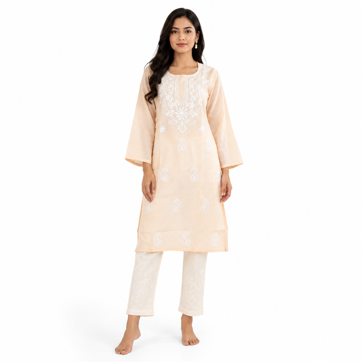 Clothe Crave Peach Chikankari Cotton Kurta Set for Women Online | Premium Lucknowi Embroidered Ethnic Wear