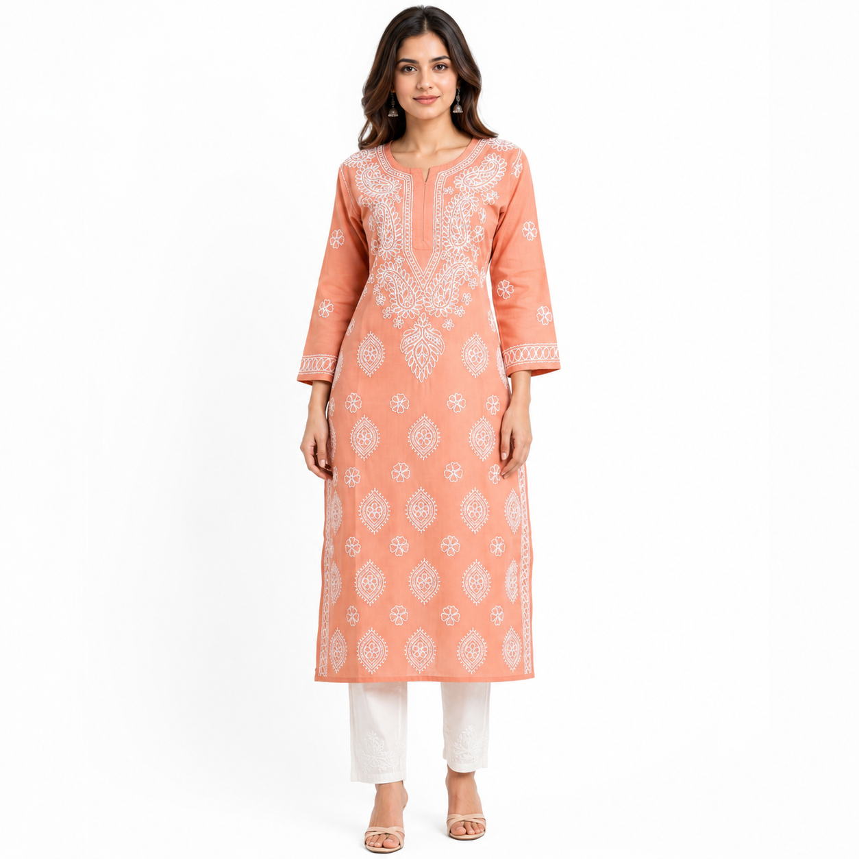 Clothe Crave Peach Chikankari Cotton Kurta for Women Online | Hand Embroidered Ethnic Wear