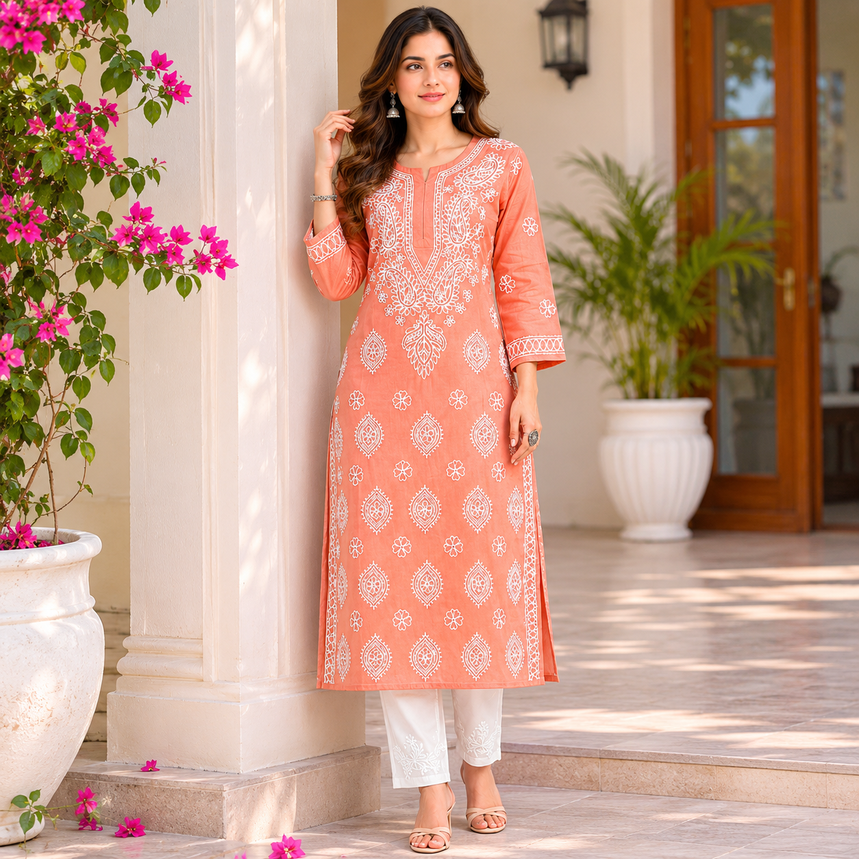 Clothe Crave Peach Chikankari Cotton Kurta for Women Online | Hand Embroidered Ethnic Wear