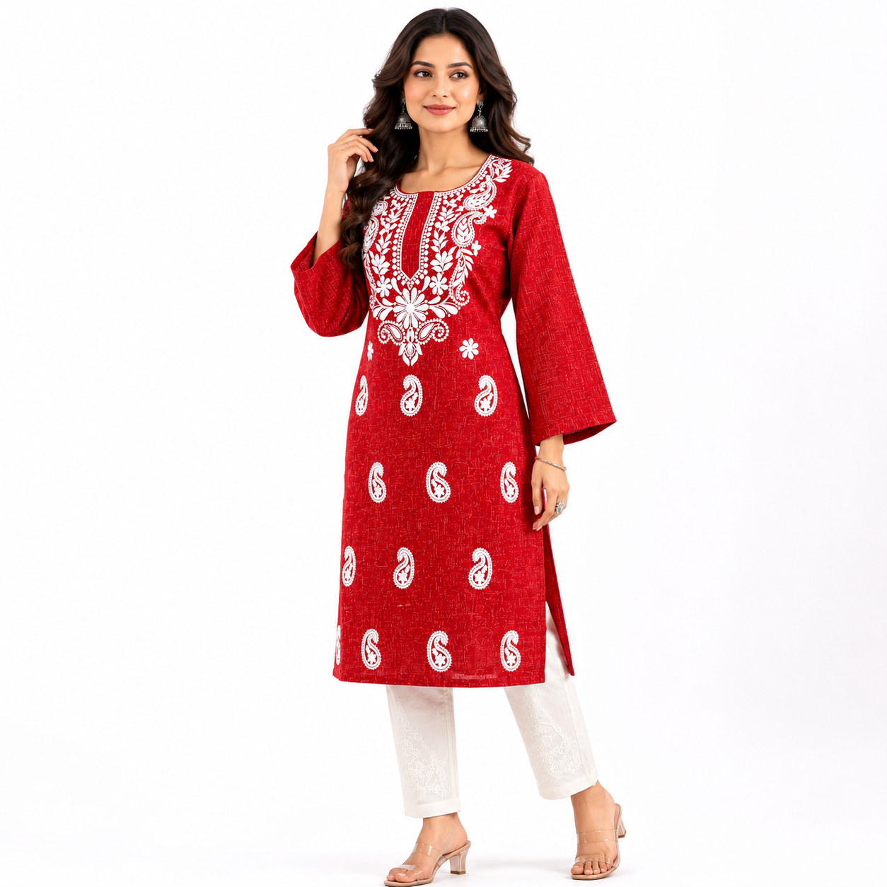 Clothe Crave Women's Red Embroidered Cotton Kurti