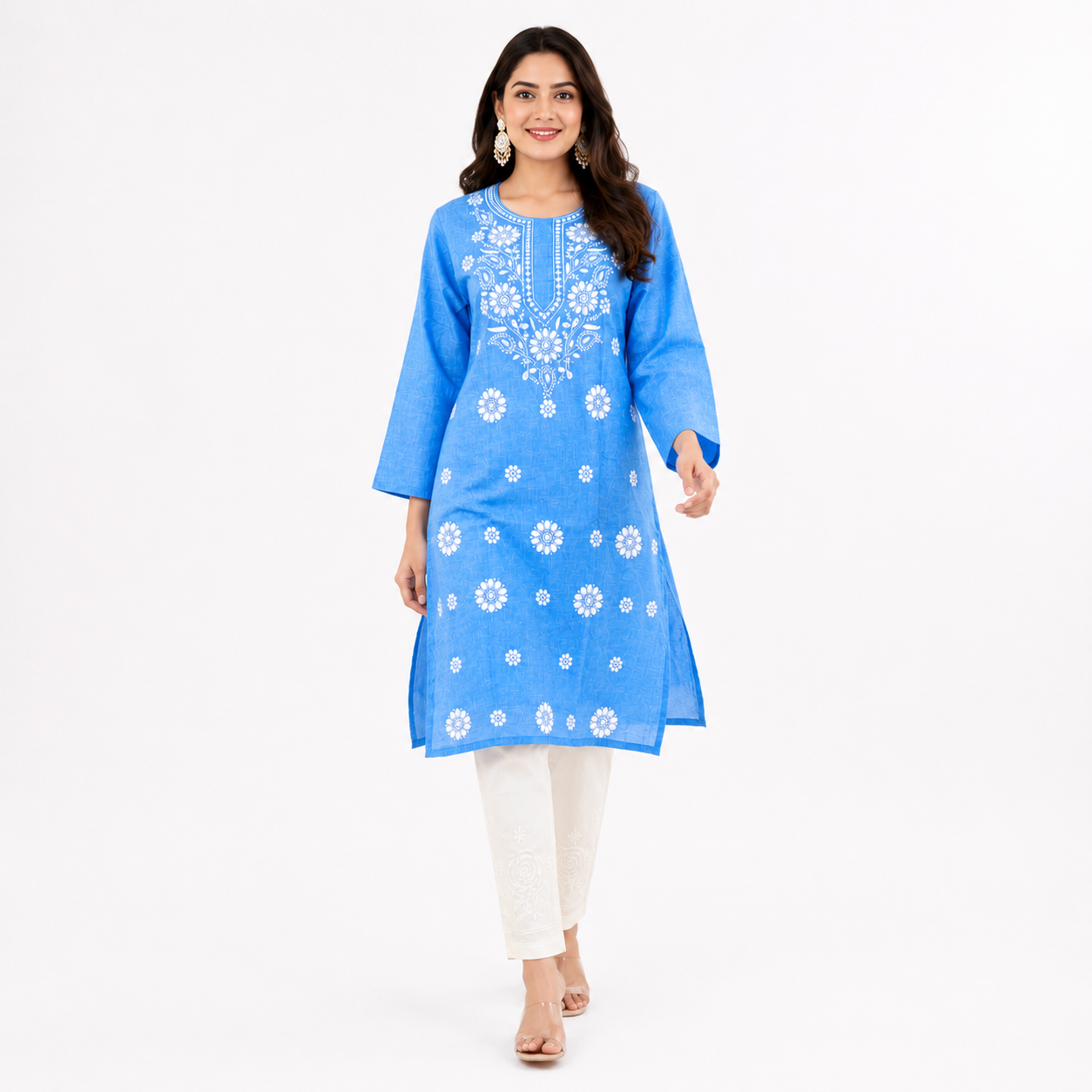 Clothe Crave Sky Blue Chikankari Hand Embroidered Cotton Kurta for Women Online