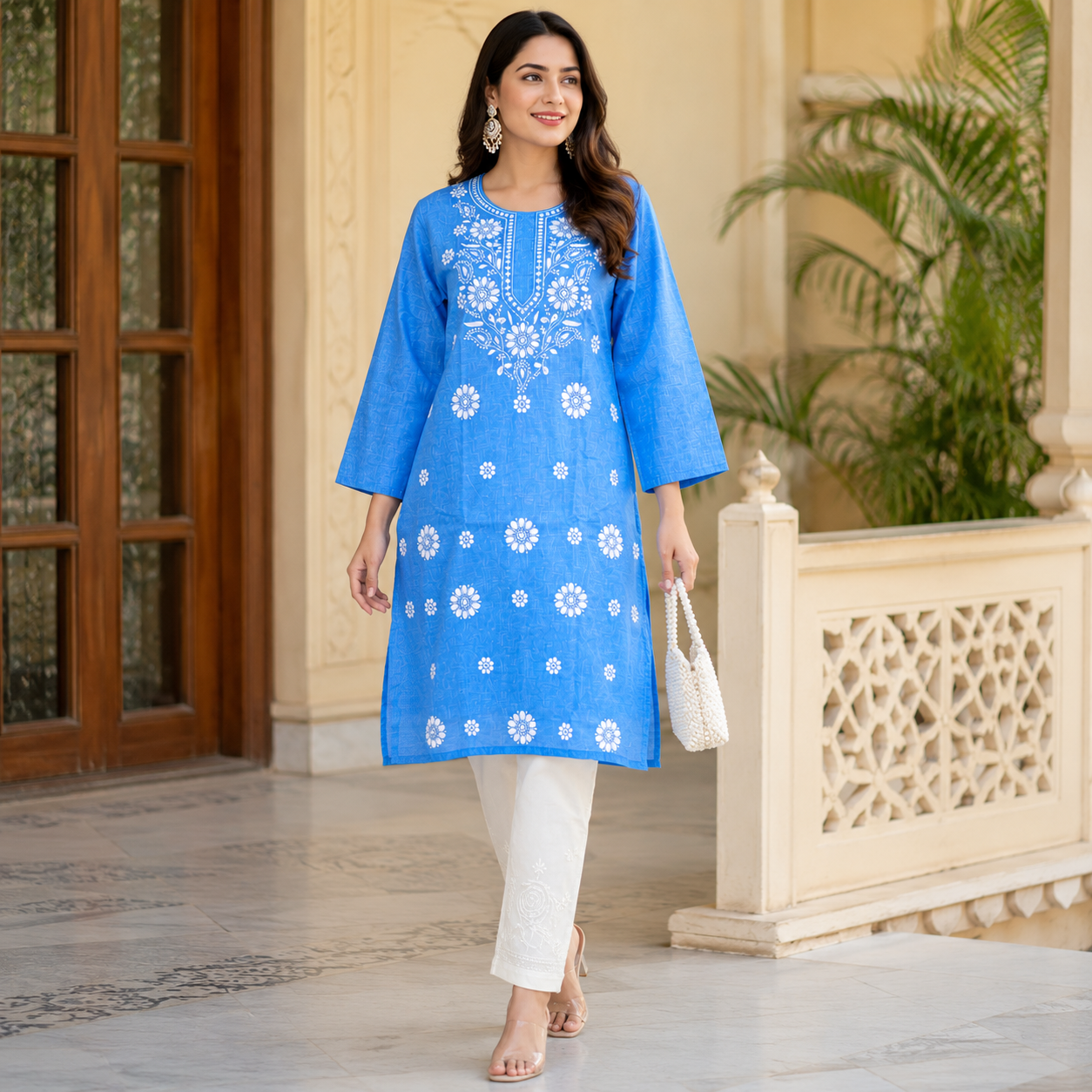 Clothe Crave Sky Blue Chikankari Hand Embroidered Cotton Kurta for Women Online