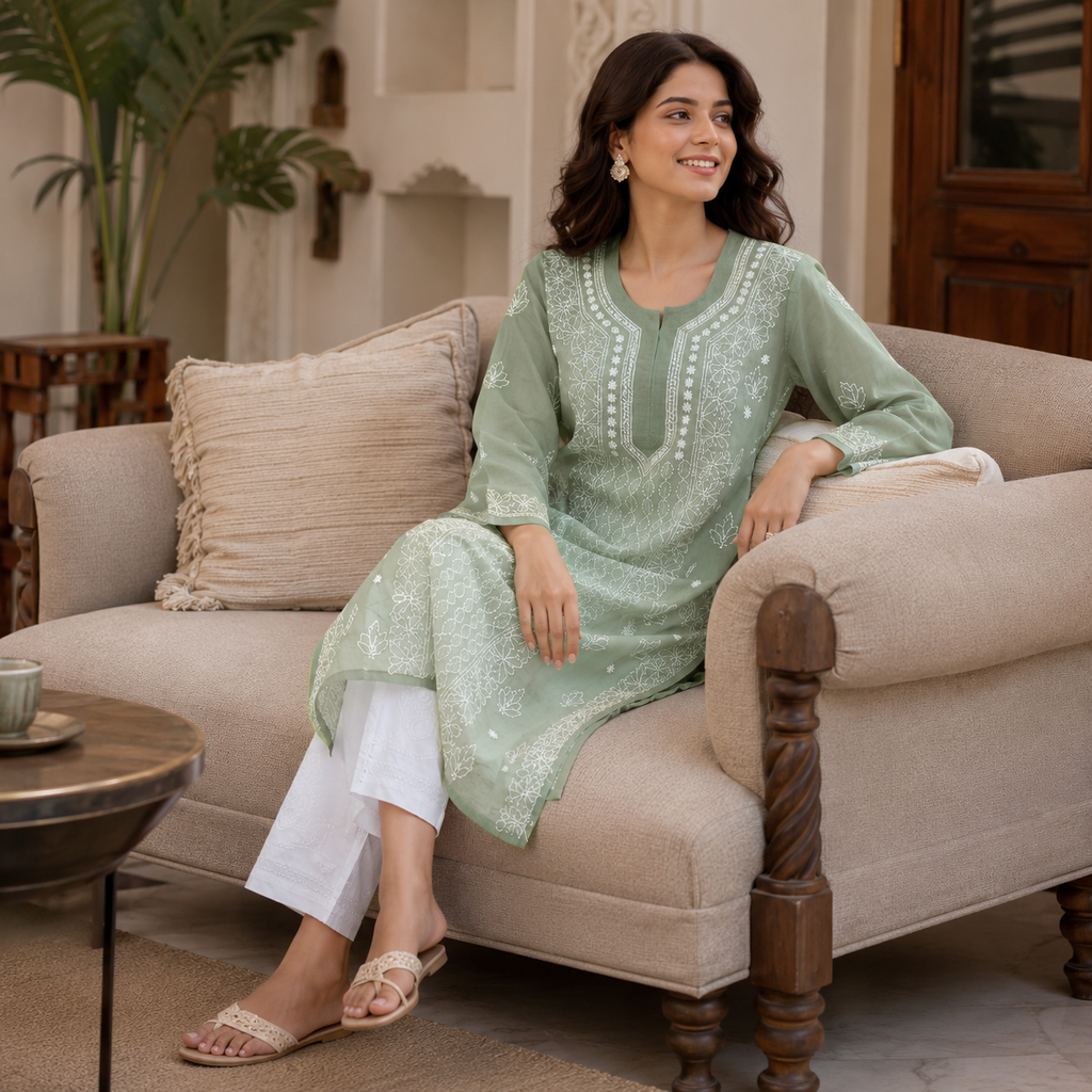 Clothe Crave Women’s Sage Green Chikankari Kurta Online | Hand Embroidered Ethnic Wear