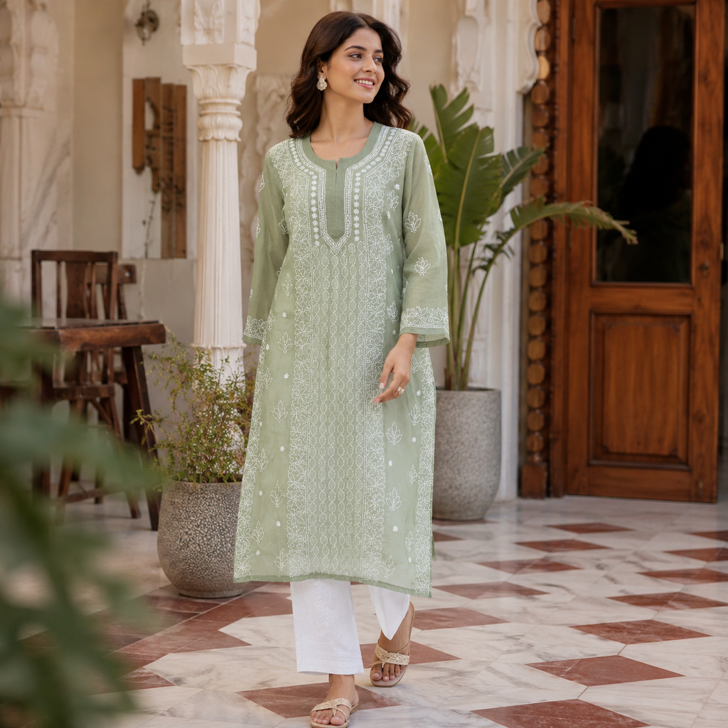 Clothe Crave Women’s Sage Green Chikankari Kurta Online | Hand Embroidered Ethnic Wear